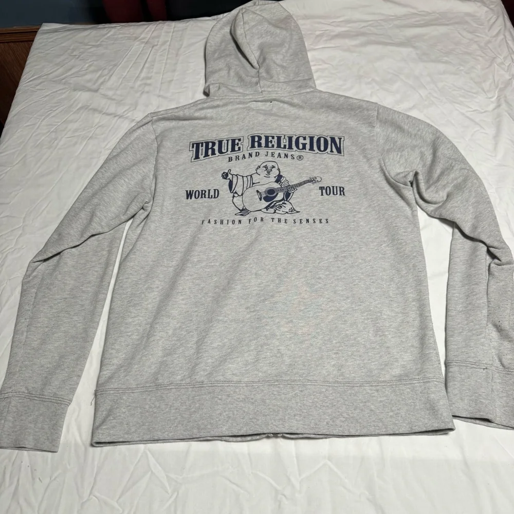 Men's True Religion Gray Full-Zip Hoodie L with Navy Blue Logo #86